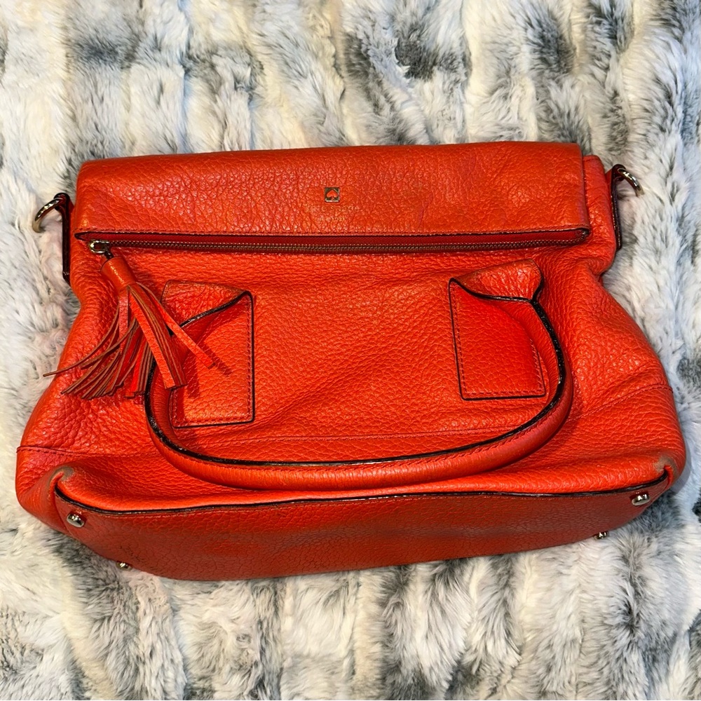 Kate Spade Run Around Orange Pebbled Leather Flap Tassel Zip Large Purse